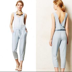 Anthropologie Cloth & Stone Chambray Jumpsuit Surplice Back Womens size XS.